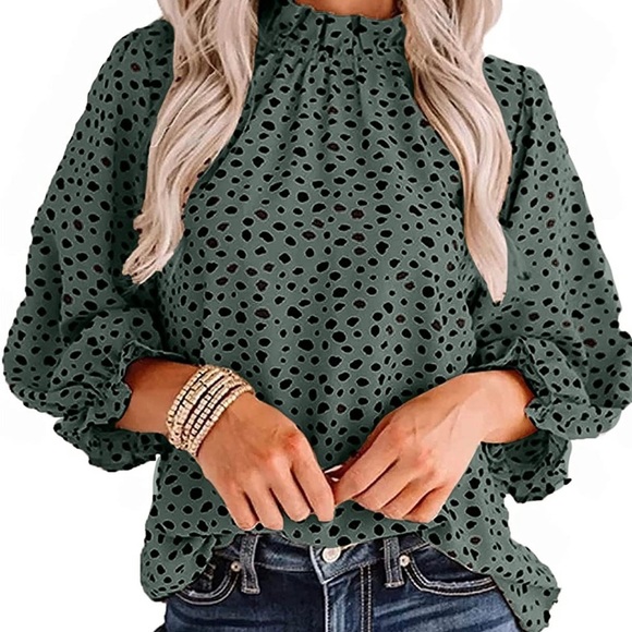 Avanova Women's leopard printed  Ruffle Hem , long sleeve Mock Neck Blouse Top - Picture 3 of 3